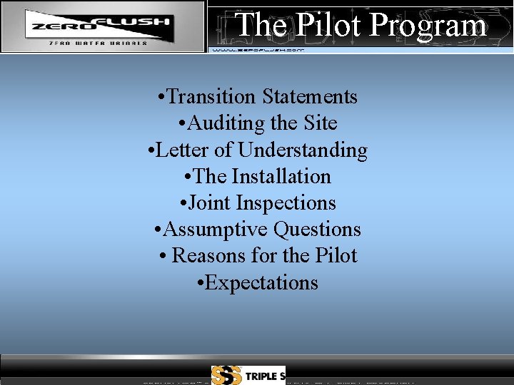 The Pilot Program • Transition Statements • Auditing the Site • Letter of Understanding