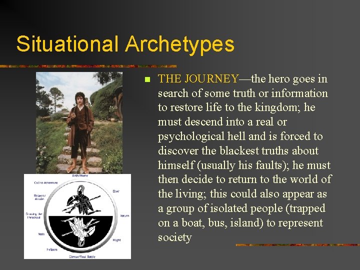 Situational Archetypes n THE JOURNEY—the hero goes in search of some truth or information