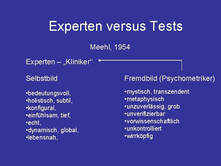 Experten versus Tests Meehl, 1954 Experten - "Kliniker'' Sel...