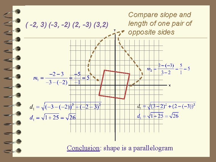 ( -2, 3) (-3, -2) (2, -3) (3, 2) Compare slope and length of