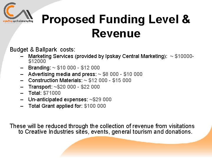 Proposed Funding Level & Revenue Budget & Ballpark costs: – Marketing Services (provided by