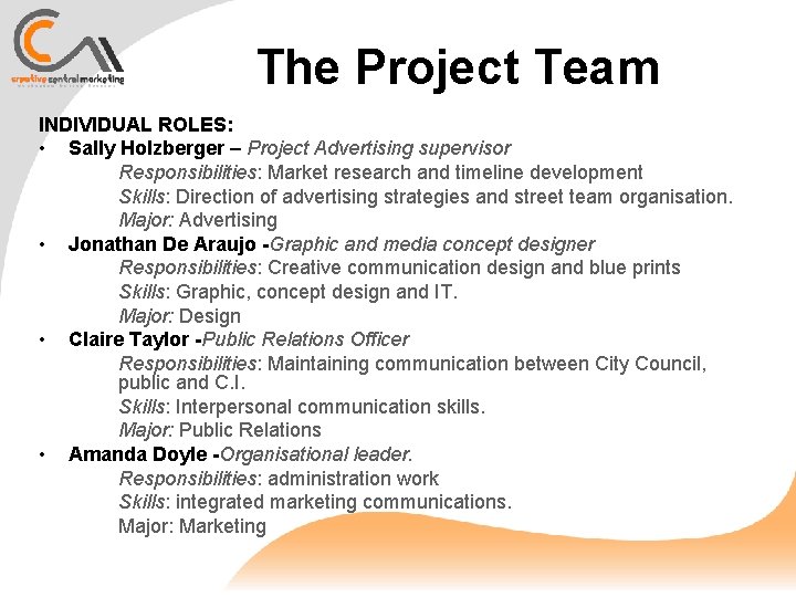 The Project Team INDIVIDUAL ROLES: • Sally Holzberger – Project Advertising supervisor Responsibilities: Market
