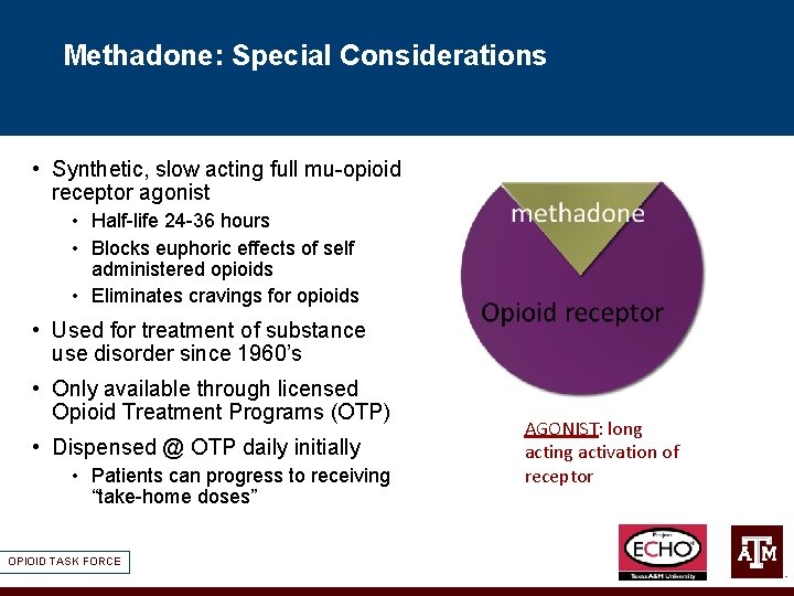 Methadone: Special Considerations • Synthetic, slow acting full mu-opioid receptor agonist • Half-life 24