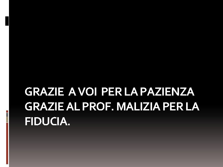 GRAZIE A VOI PER LA PAZIENZA GRAZIE AL PROF. MALIZIA PER LA FIDUCIA. 