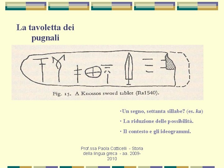 La tavoletta dei pugnali • Un segno, settanta sillabe? (es. ka) • La riduzione