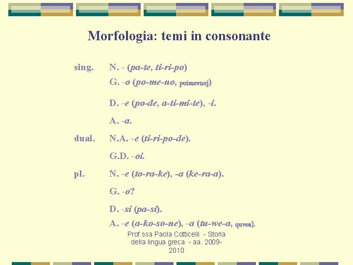 Morfologia: temi in consonante sing. N. - (pa-te, ti-ri-po) G. -o (po-me-no, poimevnoj) D.