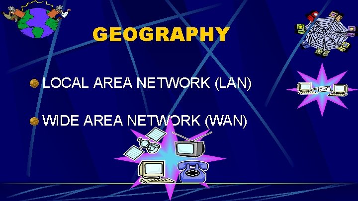 GEOGRAPHY LOCAL AREA NETWORK (LAN) WIDE AREA NETWORK (WAN) 