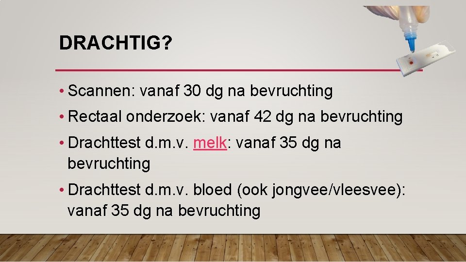 DRACHTIG? • Scannen: vanaf 30 dg na bevruchting • Rectaal onderzoek: vanaf 42 dg
