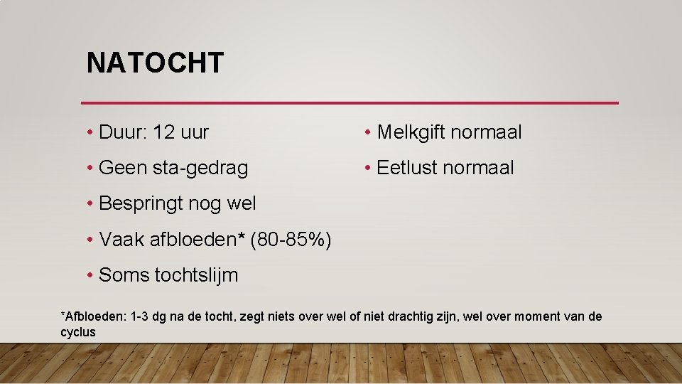 NATOCHT • Duur: 12 uur • Melkgift normaal • Geen sta-gedrag • Eetlust normaal