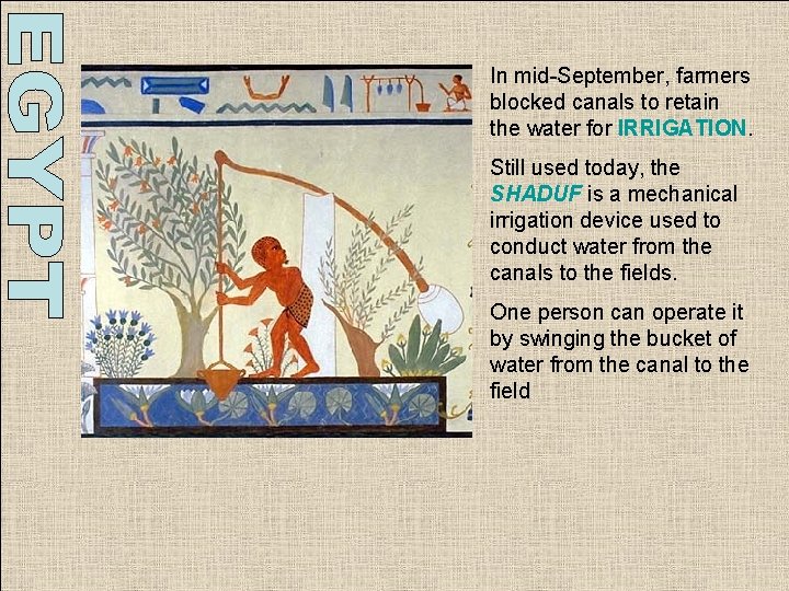 In mid-September, farmers blocked canals to retain the water for IRRIGATION. Still used today, In mid-September, farmers blocked canals to retain the water for IRRIGATION. Still used today,