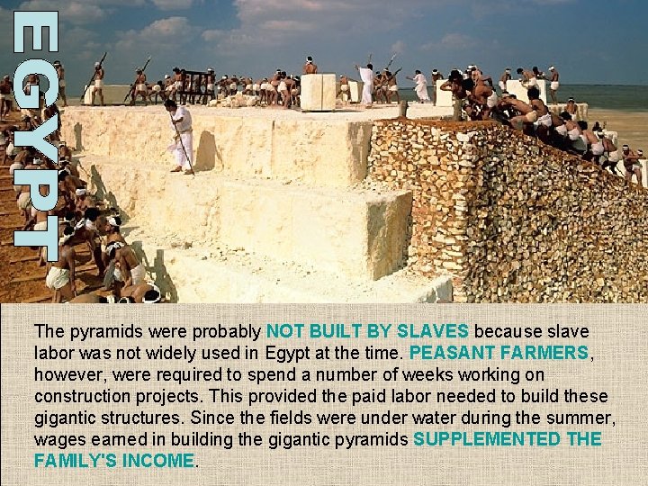 The pyramids were probably NOT BUILT BY SLAVES because slave labor was not widely The pyramids were probably NOT BUILT BY SLAVES because slave labor was not widely