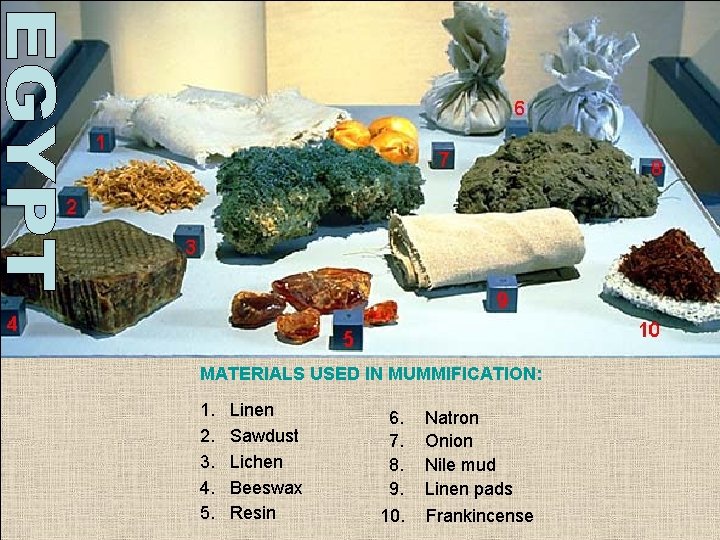 MATERIALS USED IN MUMMIFICATION: 1. 2. 3. 4. 5. Linen Sawdust Lichen Beeswax Resin MATERIALS USED IN MUMMIFICATION: 1. 2. 3. 4. 5. Linen Sawdust Lichen Beeswax Resin