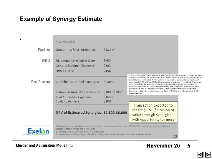 Example of Synergy Estimate • . Merger and Acquisition Modelling November 20 5 