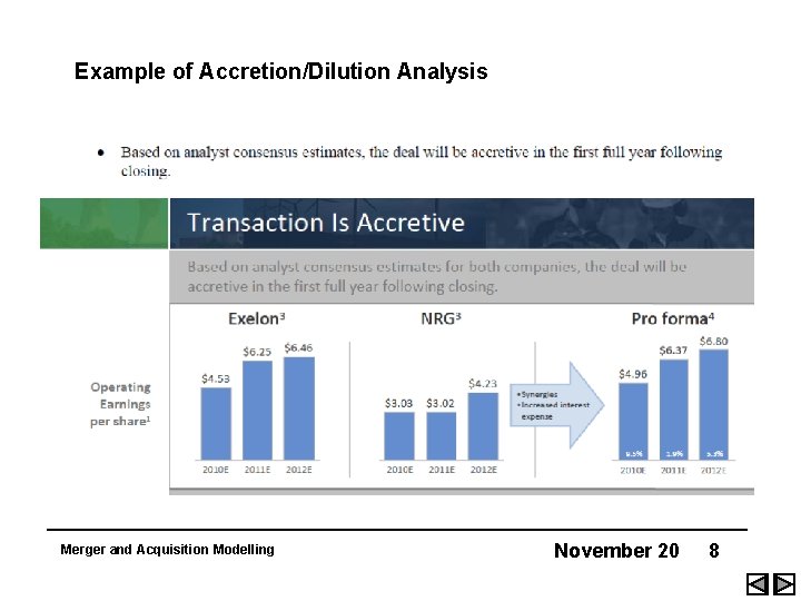 Example of Accretion/Dilution Analysis Merger and Acquisition Modelling November 20 8 