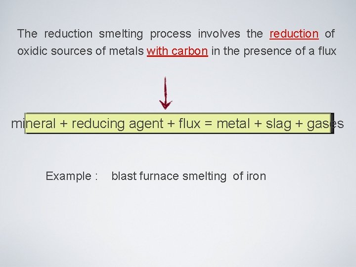 The reduction smelting process involves the reduction of oxidic sources of metals with carbon