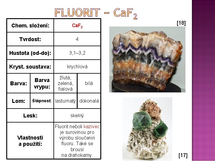 [18] Chem. složení: Ca. F 2 Tvrdost: 4 Hustota (od-do): 3, 1– 3, 2