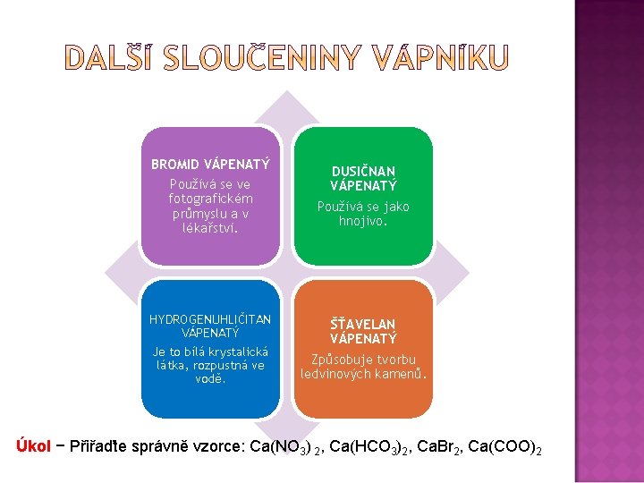 BROMID VÁPENATÝ Používá se ve fotografickém průmyslu a v lékařství. DUSIČNAN VÁPENATÝ Používá se