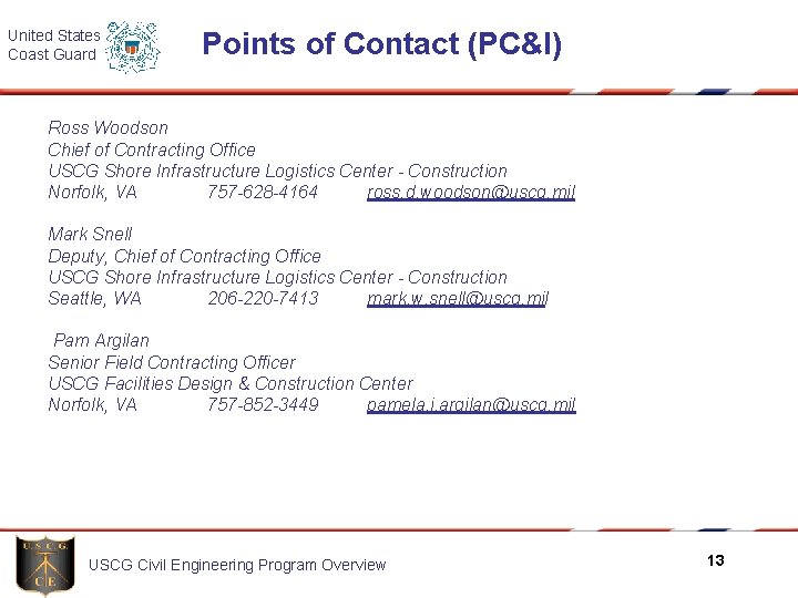 United States Coast Guard Points of Contact (PC&I) Ross Woodson Chief of Contracting Office