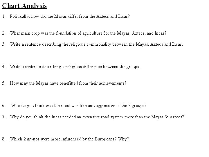 Chart Analysis 1. Politically, how did the Mayas differ from the Aztecs and Incas?