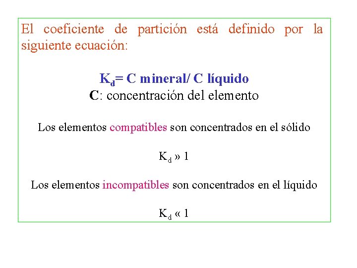 El coeficiente de partición está definido por la siguiente ecuación: Kd= C mineral/ C