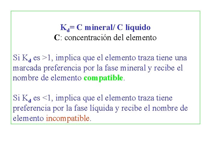 Kd= C mineral/ C líquido C: concentración del elemento Si Kd es >1, implica