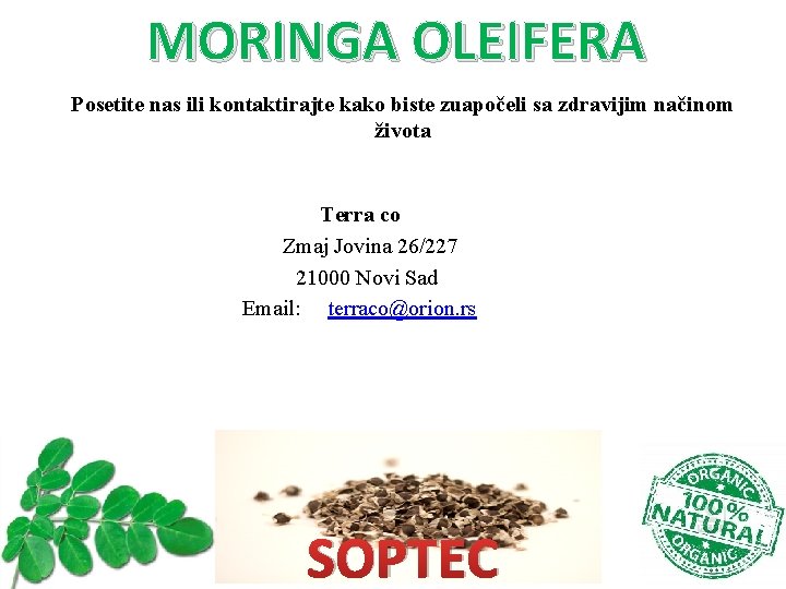MORINGA OLEIFERA Posetite nas ili kontaktirajte kako biste zuapočeli sa zdravijim načinom života Terra MORINGA OLEIFERA Posetite nas ili kontaktirajte kako biste zuapočeli sa zdravijim načinom života Terra