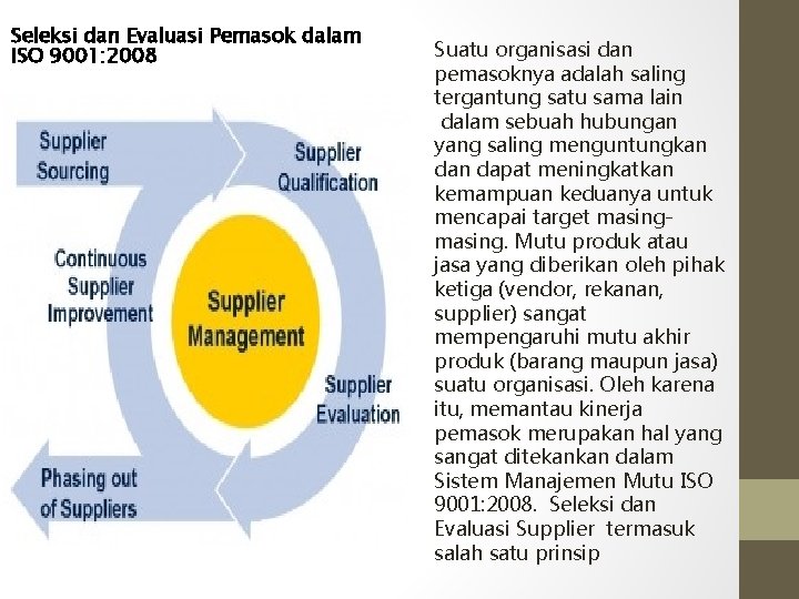 Seleksi dan Evaluasi Pemasok dalam ISO 9001: 2008 Suatu organisasi dan pemasoknya adalah saling