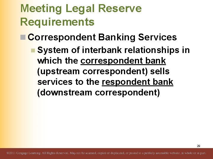 Meeting Legal Reserve Requirements n Correspondent Banking Services n System of interbank relationships in