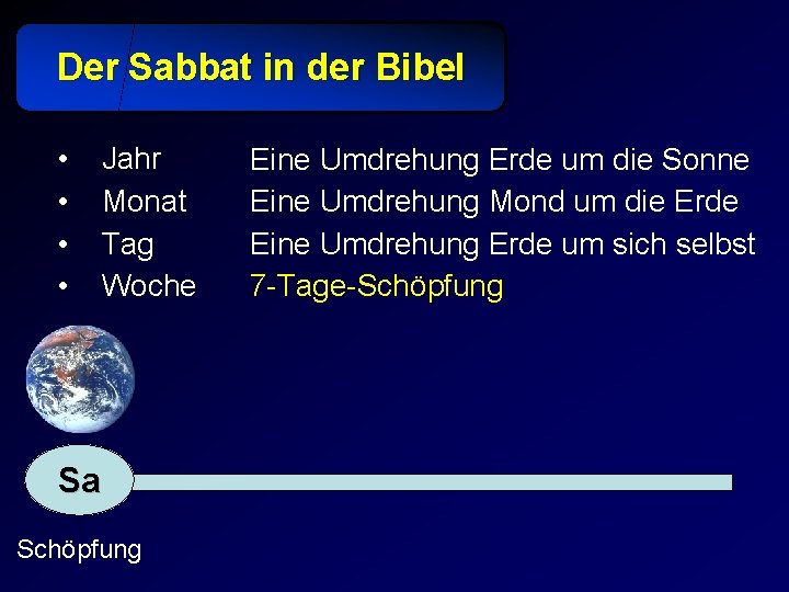 Der Sabbat in der Bibel • • Jahr Monat Tag Woche Sa Schöpfung Eine