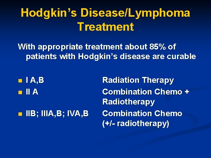 Hodgkin’s Disease/Lymphoma Treatment With appropriate treatment about 85% of patients with Hodgkin’s disease are