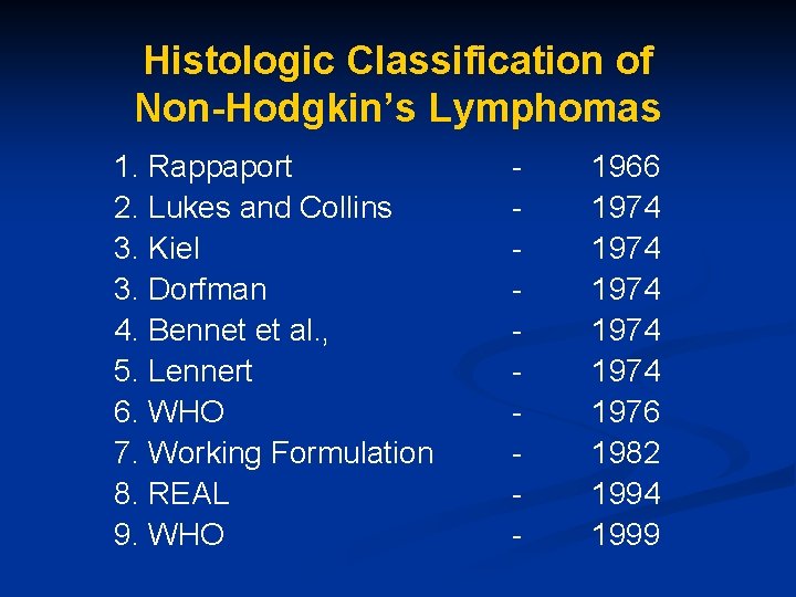 Histologic Classification of Non-Hodgkin’s Lymphomas 1. Rappaport 2. Lukes and Collins 3. Kiel 3.