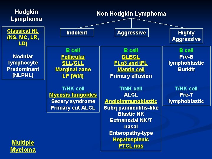 Hodgkin Lymphoma Classical HL (NS, MC, LR, LD) Nodular lymphocyte Predominant (NLPHL) Multiple Myeloma
