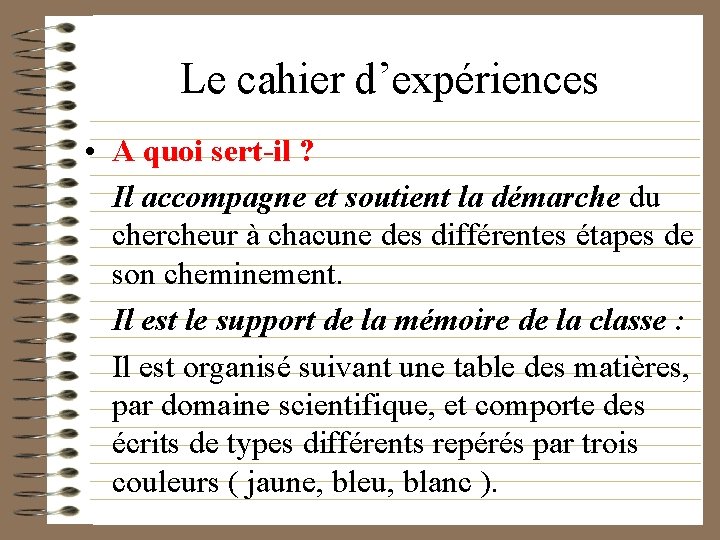 Le cahier d’expériences • A quoi sert-il ? Il accompagne et soutient la démarche