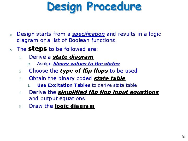 Design Procedure o o Design starts from a specification and results in a logic