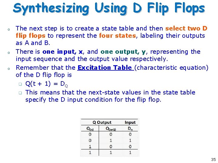 Synthesizing Using D Flip Flops o o o The next step is to create