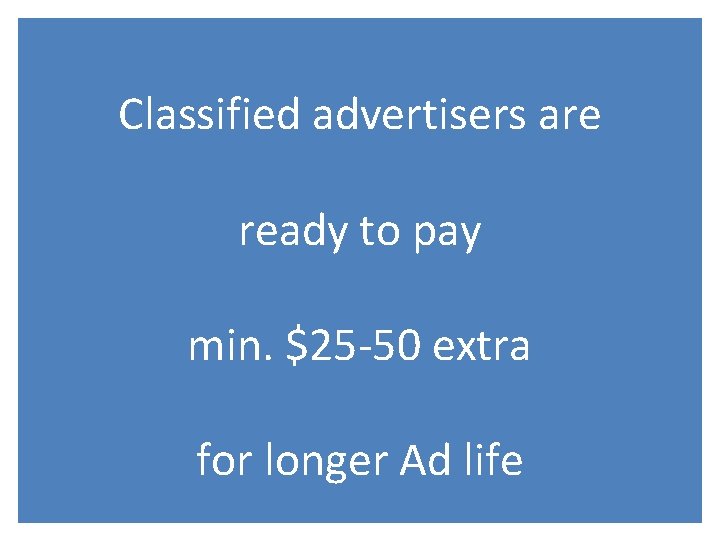 Classified advertisers are ready to pay min. $25 -50 extra for longer Ad life
