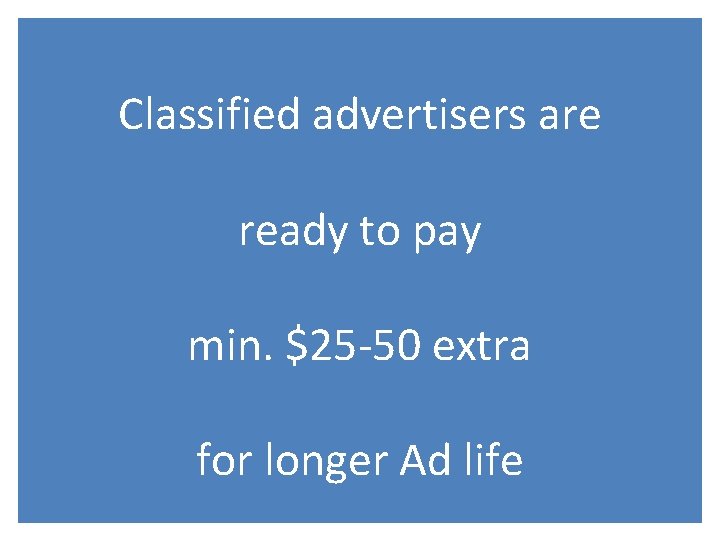 Classified advertisers are ready to pay min. $25 -50 extra for longer Ad life