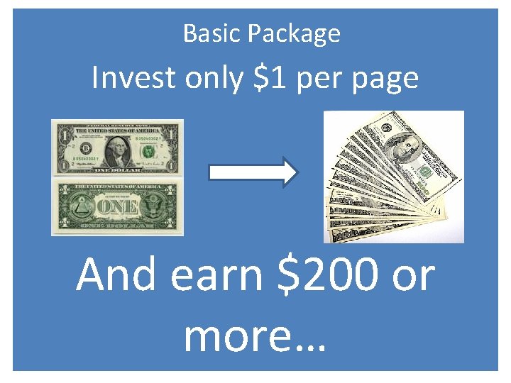 Basic Package Invest only $1 per page And earn $200 or more… 