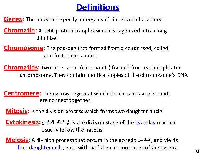 Definitions Genes: The units that specify an organism’s inherited characters. Chromatin: A DNA-protein complex Definitions Genes: The units that specify an organism’s inherited characters. Chromatin: A DNA-protein complex