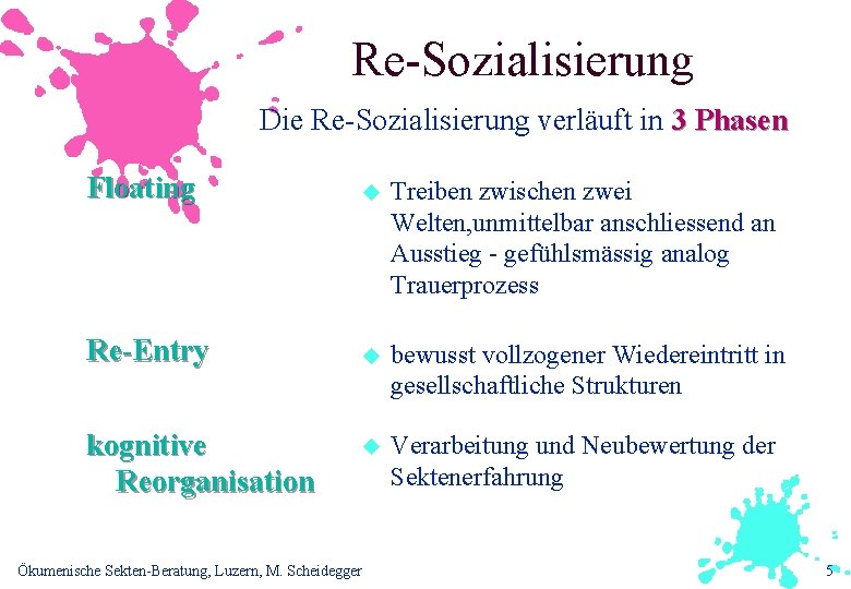 Re-Sozialisierung Die Re-Sozialisierung verläuft in 3 Phasen Floating u Treiben zwischen zwei Welten, unmittelbar