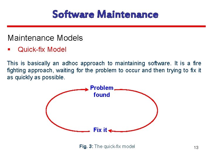 Software Maintenance Models § Quick-fix Model This is basically an adhoc approach to maintaining