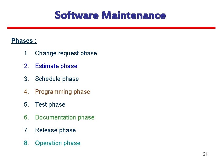 Software Maintenance Phases : 1. Change request phase 2. Estimate phase 3. Schedule phase