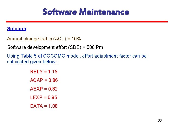 Software Maintenance Solution Annual change traffic (ACT) = 10% Software development effort (SDE) =