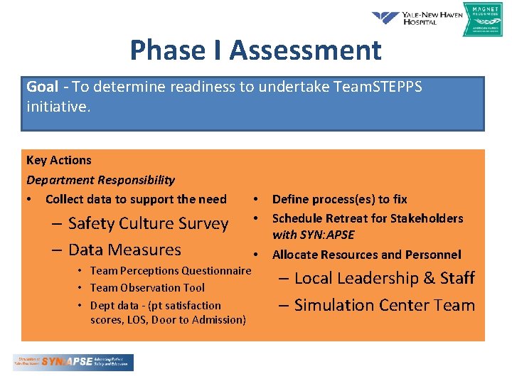 Phase I Assessment Goal - To determine readiness to undertake Team. STEPPS initiative. Key