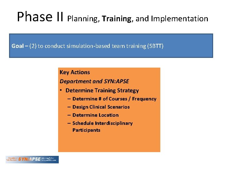 Phase II Planning, Training, and Implementation Goal – (2) to conduct simulation-based team training