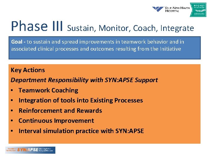Phase III Sustain, Monitor, Coach, Integrate Goal - to sustain and spread improvements in