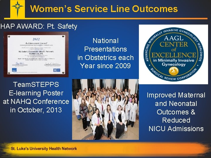 Women’s Service Line Outcomes HAP AWARD: Pt. Safety National Presentations in Obstetrics each Year