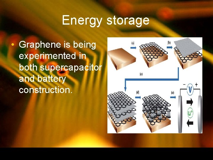 Energy storage • Graphene is being experimented in both supercapacitor and battery construction. Energy storage • Graphene is being experimented in both supercapacitor and battery construction.