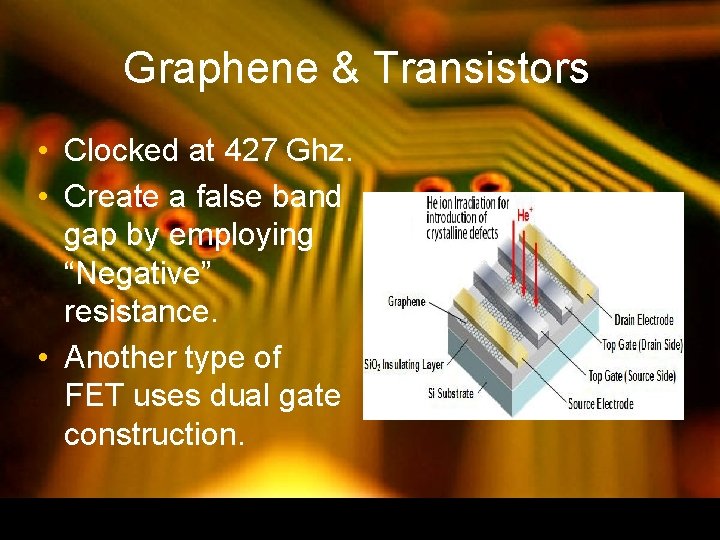 Graphene & Transistors • Clocked at 427 Ghz. • Create a false band gap Graphene & Transistors • Clocked at 427 Ghz. • Create a false band gap