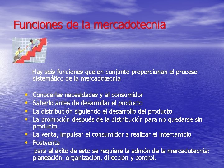 Funciones de la mercadotecnia Hay seis funciones que en conjunto proporcionan el proceso sistemático Funciones de la mercadotecnia Hay seis funciones que en conjunto proporcionan el proceso sistemático